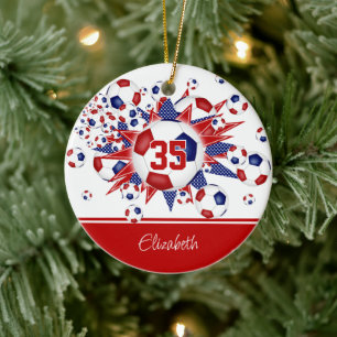 Red blue soccer balls stars keepsake  ceramic ornament