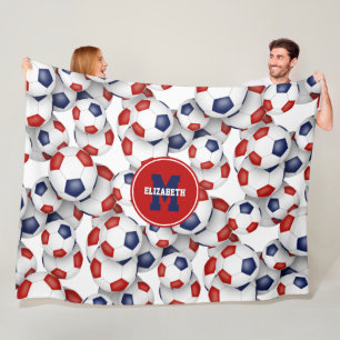 red blue soccer balls team colours monogrammed fleece blanket