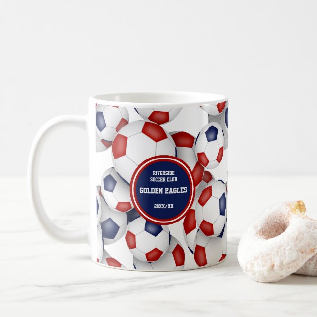 Red blue soccer team colours gift for coach  coffe coffee mug (With Donut)