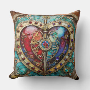 Red & Blue Stained Glass Heart Steampunk Series Cushion