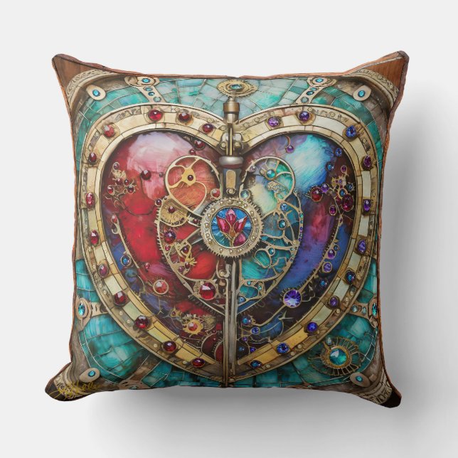 Red & Blue Stained Glass Heart Steampunk Series Cushion (Front)