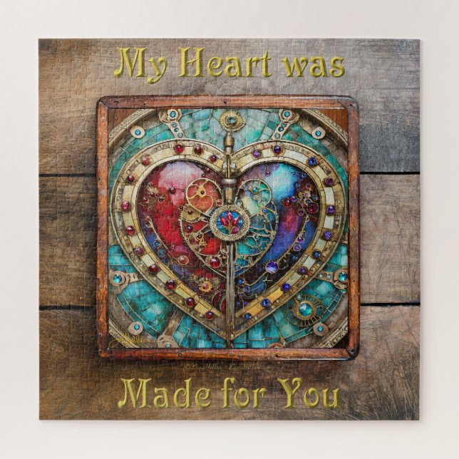 Red & Blue Stained Glass Heart Steampunk Series Jigsaw Puzzle (Vertical)