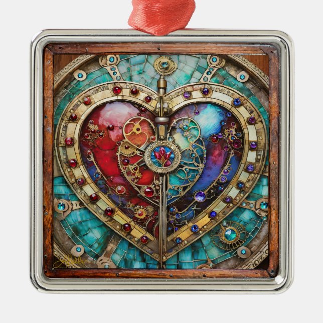 Red & Blue Stained Glass Heart Steampunk Series Metal Ornament (Front)