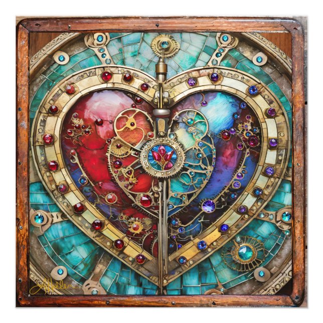 Red & Blue Stained Glass Heart Steampunk Series Photo Print (Front)