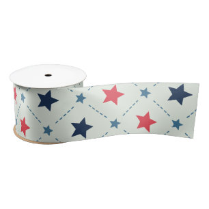 Red Blue Star Cross Dot Line Geometric Pattern Satin Ribbon
