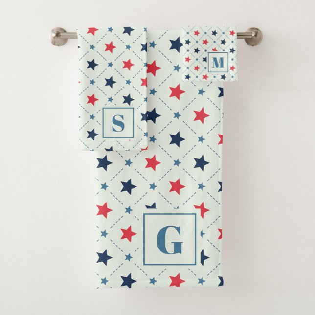 Red Blue Star Dot Line Geometric Pattern Monogram Bath Towel Set (Insitu)