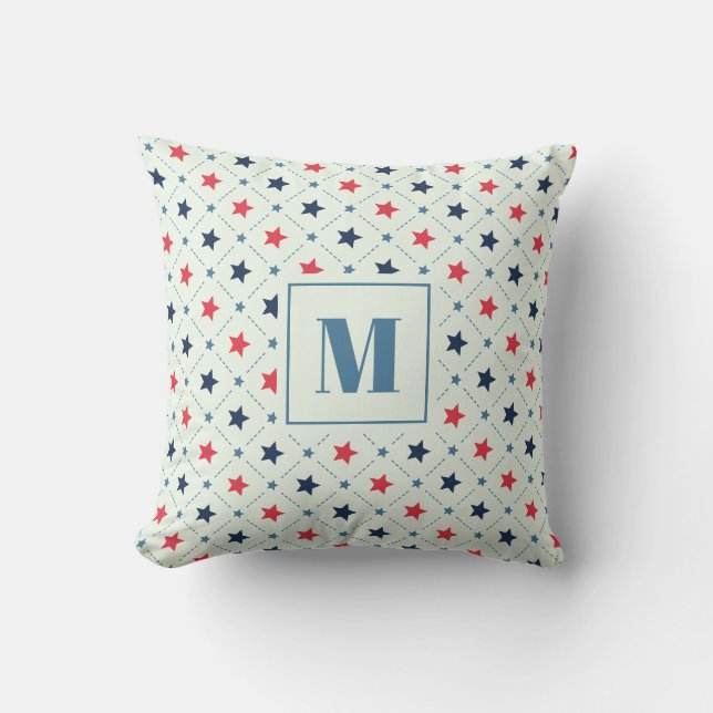 Red Blue Star Dot Line Geometric Pattern Monogram Cushion (Front)