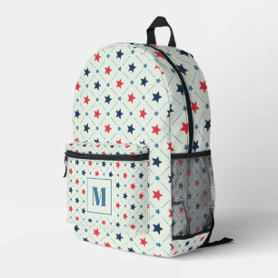 Red Blue Star Dot Line Geometric Pattern Monogram Printed Backpack