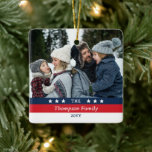 Red Blue Stars Stripes Family Photo Christmas Ceramic Ornament<br><div class="desc">Square Christmas ornament printed with your family photo, one on either side, and your family name and the year with a minimalist red, white, and blue stars and stripes design. Red, white, and blue stars and stripes themed Christmas ornament personalised with your photos, name, and the year. Decorate your Christmas...</div>