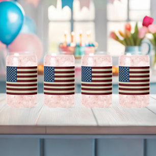 Red & Blue Stars & Stripes USA American Flags Can Glass