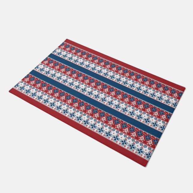 Red Blue Striped Norwegian Pattern  Doormat (Angled)