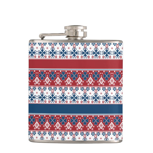 Red Blue Striped Norwegian Pattern  Hip Flask (Front)