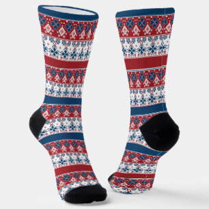Red Blue Striped Norwegian Pattern  Socks