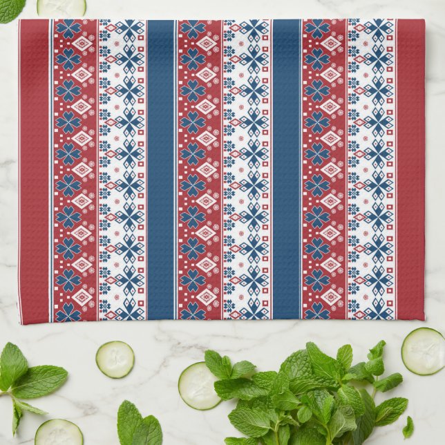 Red Blue Striped Norwegian Pattern  Tea Towel (Folded)