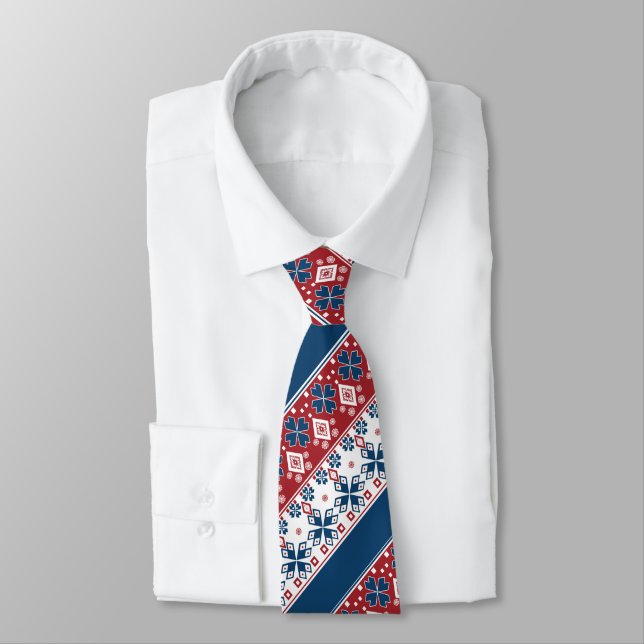 Red Blue Striped Norwegian Pattern  Tie (Tied)