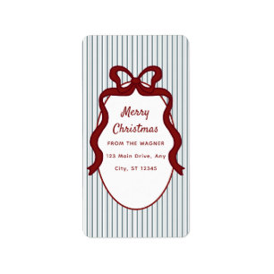 Red Blue Stripes & Bow Frame Christmas  Label