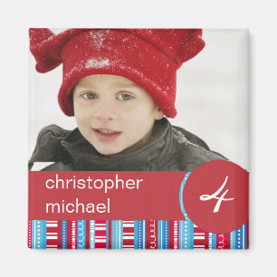 Red Blue Stripes & Dots Birthday Photo Magnet