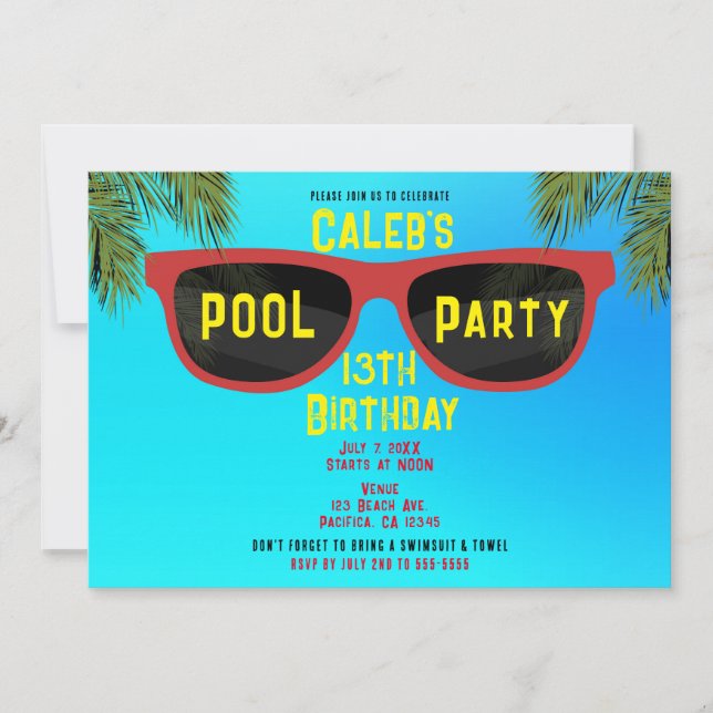 Red Blue Summer Shades Sunglasses Beach Pool Party Invitation (Front)