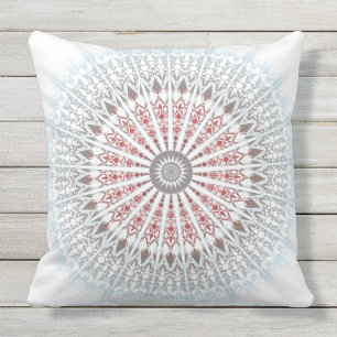 Red Blue Taupe White Mandala Geometric Modern Outdoor Cushion