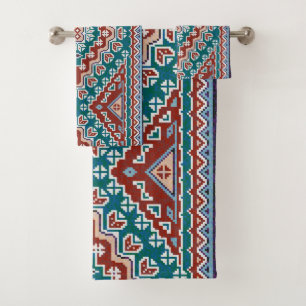 Red Blue Teal Native American Indians Navajo Bath Towel Set