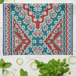 Red Blue Teal Native American Indians Navajo Tea Towel