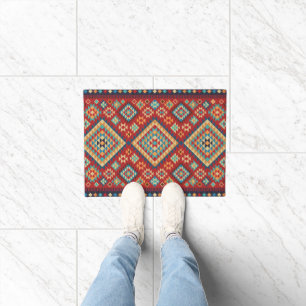 Red Blue Teal Orange Yellow Oriental Kilim Doormat