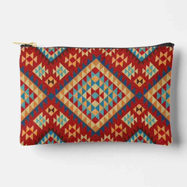Red Blue Teal Orange Yellow Oriental Kilim Pattern Accessory Pouch (Front)