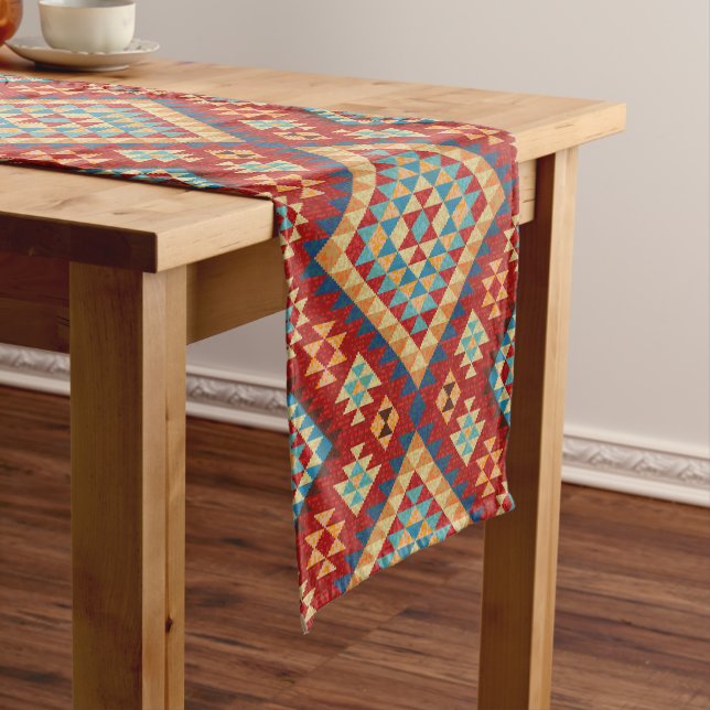 Red Blue Teal Orange Yellow Oriental Kilim Pattern Short Table Runner (In Situ)