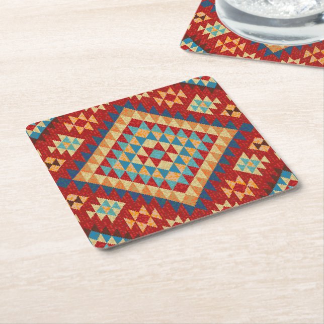 Red Blue Teal Orange Yellow Oriental Kilim Pattern Square Paper Coaster (Angled)