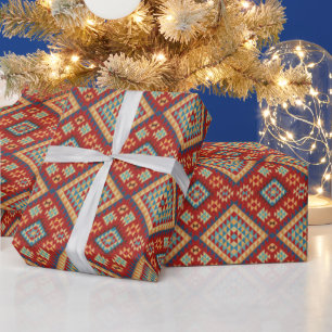 Red Blue Teal Orange Yellow Oriental Kilim Pattern Wrapping Paper
