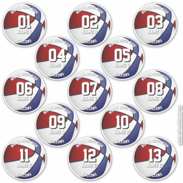 red blue team colors gifts 13 basketball stickers (Front)