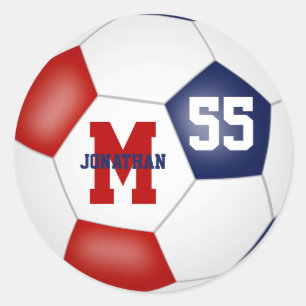 red blue team colours soccer ball personalised classic round sticker