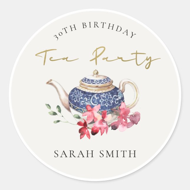 Red Blue Teapot Floral Any Age Birthday Tea Party Classic Round Sticker (Front)