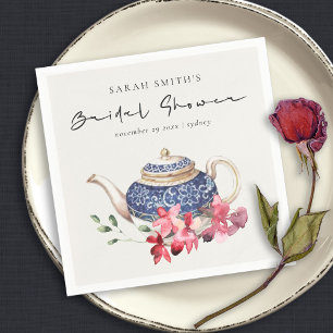 Red Blue Teapot Floral Bridal Shower Tea Party Napkin