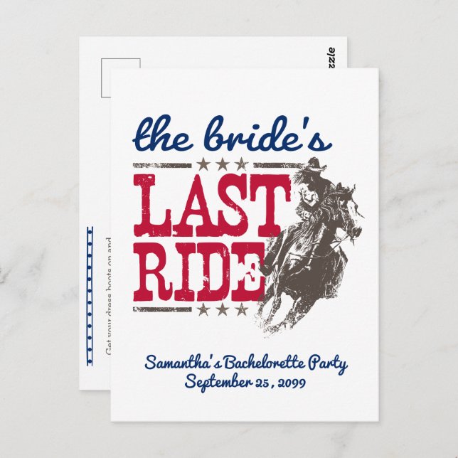 Red & Blue The Bride's Last Ride Invitation Postcard (Front/Back)