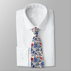 Red Blue Toile Chinoiserie Watercolor Floral Groom Tie
