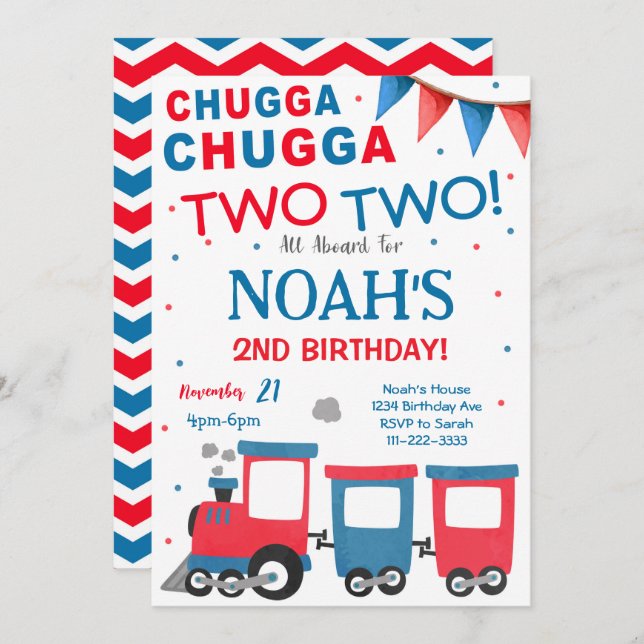 Red Blue Train 2nd Birthday Invitation (Front/Back)