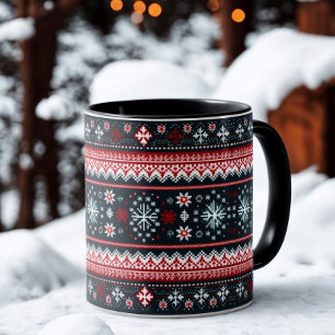 Red Blue Ugly Sweater Snowflakes Holiday Mug
