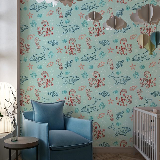 Red Blue Under the Sea Pattern Nursery Wallpaper (Creator Uploaded)