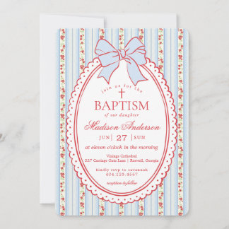 Red & Blue Vintage Fancy Floral Baptism Invitation
