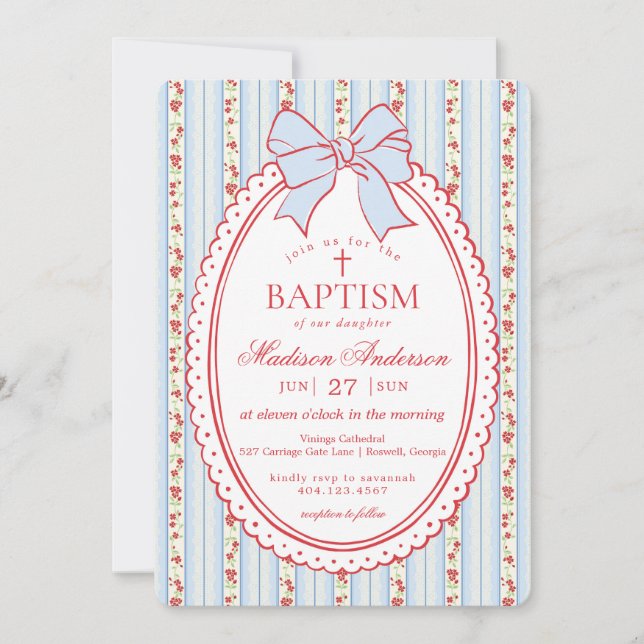 Red & Blue Vintage Fancy Floral Baptism Invitation (Front)