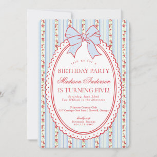 Red & Blue Vintage Fancy Floral Birthday Party Invitation