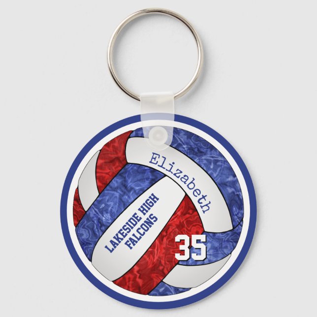 red blue volleyball keychain w school team name (Front)