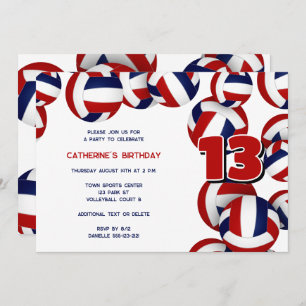 red blue volleyballs girls boys birthday party invitation