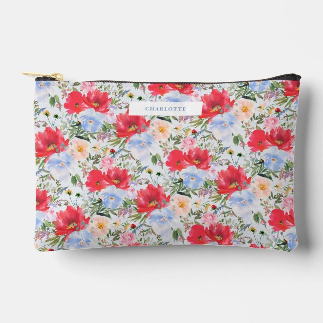 Red Blue Watercolor Florals  Accessory Pouch (Front)