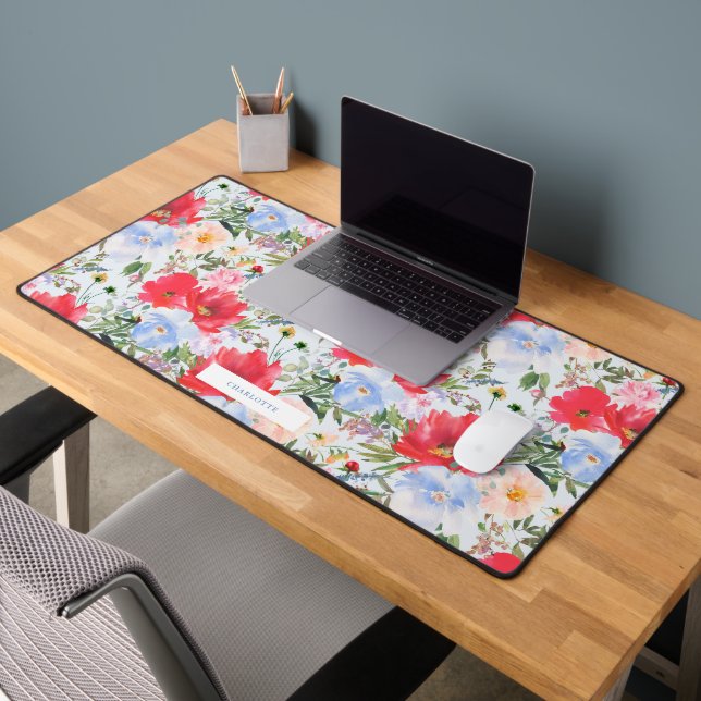 Red Blue Watercolor Florals Spiral Desk Mat (Office 2)