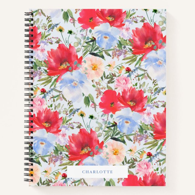 Red Blue Watercolor Florals Spiral Notebook (Front)