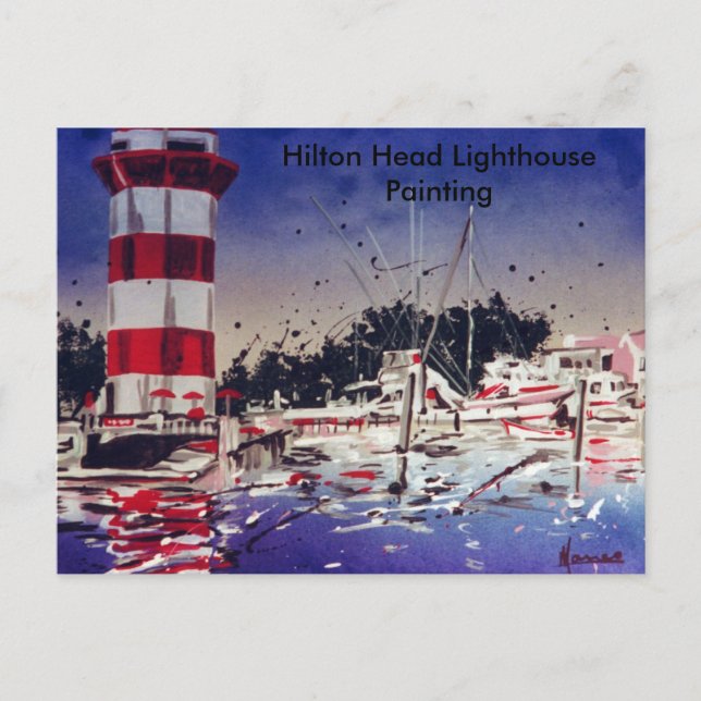 Red blue Watercolor lighthouse boats Hilton head Postcard (Front)