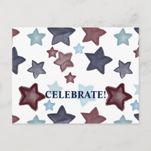 Red Blue Watercolor Stars Celebrate Postcard