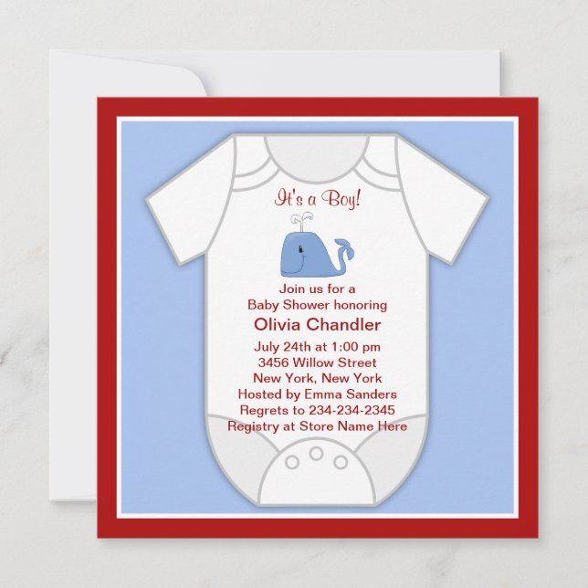 Red Blue Whale Baby Boy Shower Invitation (Front)